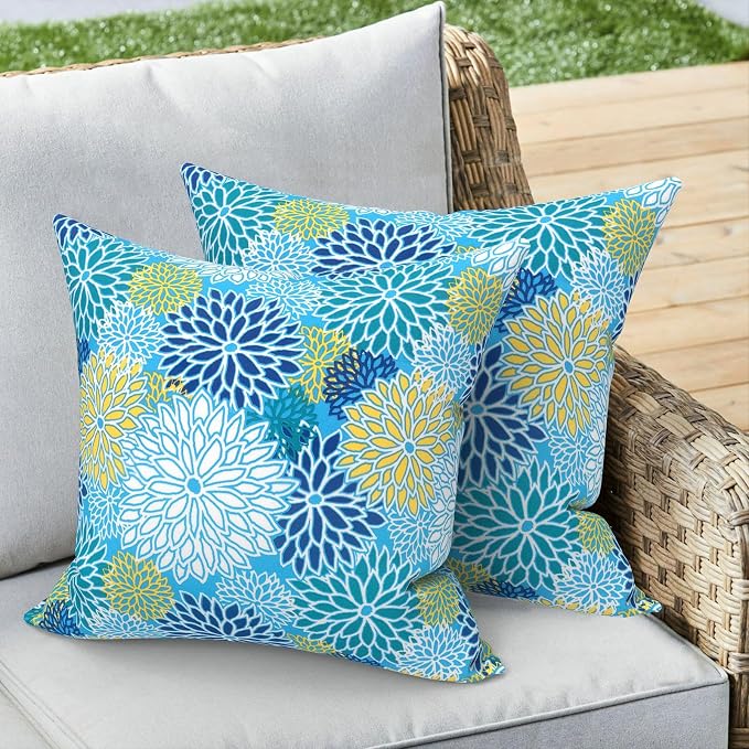Outdoor 16x16 Inch Throw Pillow Covers Set of 2, All Weather Square Pillow Cases, Covers ONLY, Patio Cushion Pillow of Home Furniture Use, Dahlia Blue