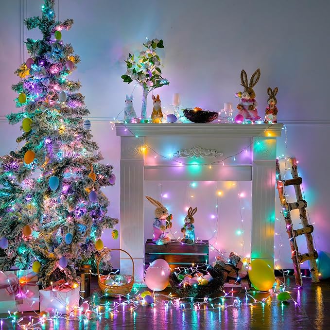 JMEXSUSS 33ft 100 LED Easter Lights for Indoor Outdoor Use | 8 Modes Connectable Easter String Lights Plug-in, Clear Wire Colorful Christmas String Lights Outdoor Waterproof