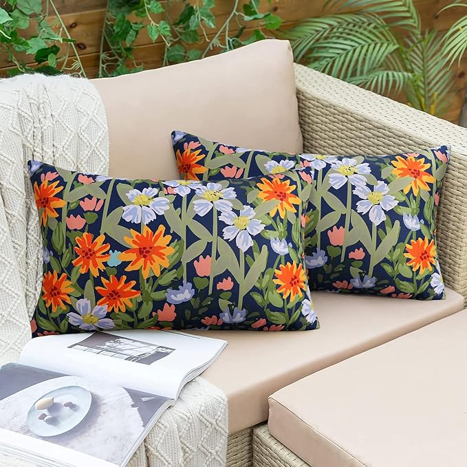 Pyonic Floral Outdoor Lumbar Pillows Covers 12x20 inch Waterproof Spring Summer Decor Outdoor Pillows for Patio Furnture Garden Bench Porch,Navy Blue