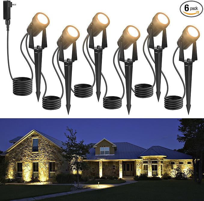 Outdoor Landscape lighting Low Voltage, 65.6FT Wired LED Spot light with Plug-in Transformer, IP65 Waterproof Outside Uplight 18W 1800LM for Yard Garden Tree Pathway House, Warm White 3000K, Pack of 6