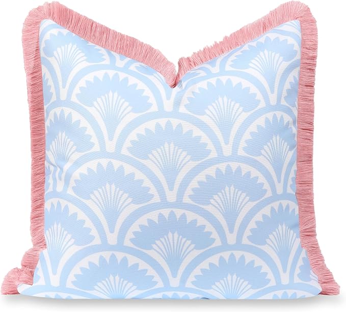Hofdeco Premium Coastal Grandmillennial Patio Indoor Outdoor Throw Pillow Cover Only, 20"x20" Water Repellent for Backyard, Couch, Poolside, Baby Blue Pink Print Tropical Ravenala Palm Tree