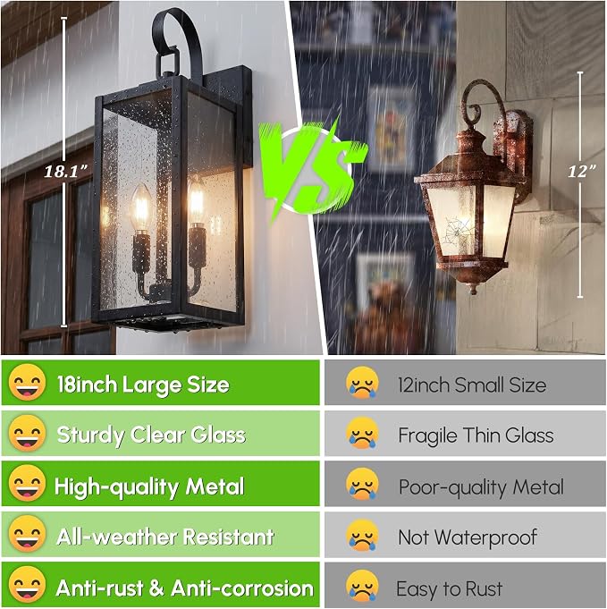 BesLowe 18" Large Outdoor Wall Light, 2-Light Black Exterior Sconce | Waterproof, Rust-Resistant, Durable Metal with Clear Glass, Standard E12 Socket, Easy to Install