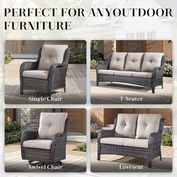 Rilyson Wicker Rocking Chair Swivel Chairs – 6 Piece Rocker Patio Furniture Set Rattan Rocking Bistro Sets with Glass Top Side Table for Outdoor Porch Deck Garden Backyard(Brown/Beige)