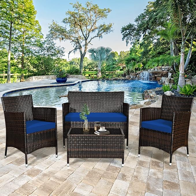 HAPPYGRILL 4 Pieces Patio Sofa Set Rattan Wicker Furniture Patio Conversation Set with Cushioned Sofa and Coffee Table for Outdoor Backyard Garden Poolside