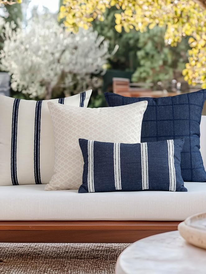 Coastal Linen Indoor Outdoor Lumbar Pillow Cover Only, 12"x20" Water Repellent for Patio, Backyard, Couch, Dark Navy Neutral Embroidered Stripes