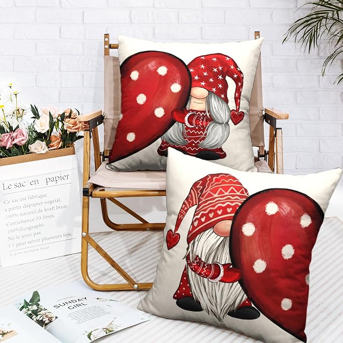 Valentine Pillow Covers 18x18 Set of 2 Red Polka Dots Love Heart Gnomes Throw Pillow Covers Cotton Linen Decorative Pillow Cases for Home February Holiday Valentines Day Decor