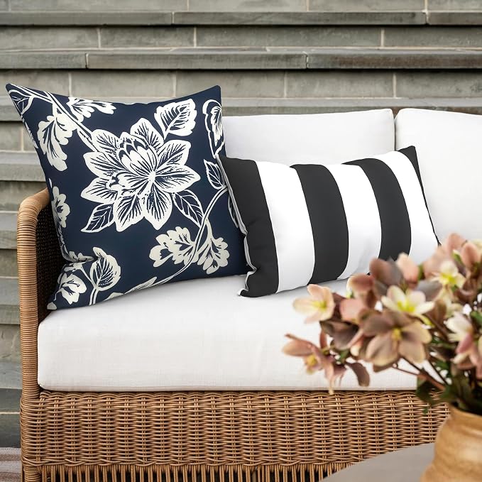 Outdoor 16x16 Inch Throw Pillow Covers Set of 2, Covers ONLY, All Weather Square Pillow Cases, Patio Cushion Pillow of Home Furniture Use, Elegant Vines Navy