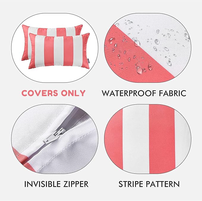 Pack of 2 Decorative Outdoor Waterproof Striped Throw Pillow Covers 12x20 | Pink,Solid, Polyester Linen Garden Farmhouse Cushion Cases for Couch Sofa Patio Tent Balcony