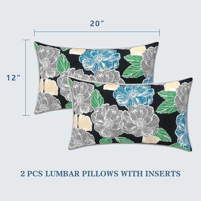 LVTXIII 2 Pack Outdoor Lumbar Pillows 12x20 Inch with White Piping, Fade Resistant Support Throw Pillows with Inserts for Patio Furniture, Sofa, Chair, Sketch Peony