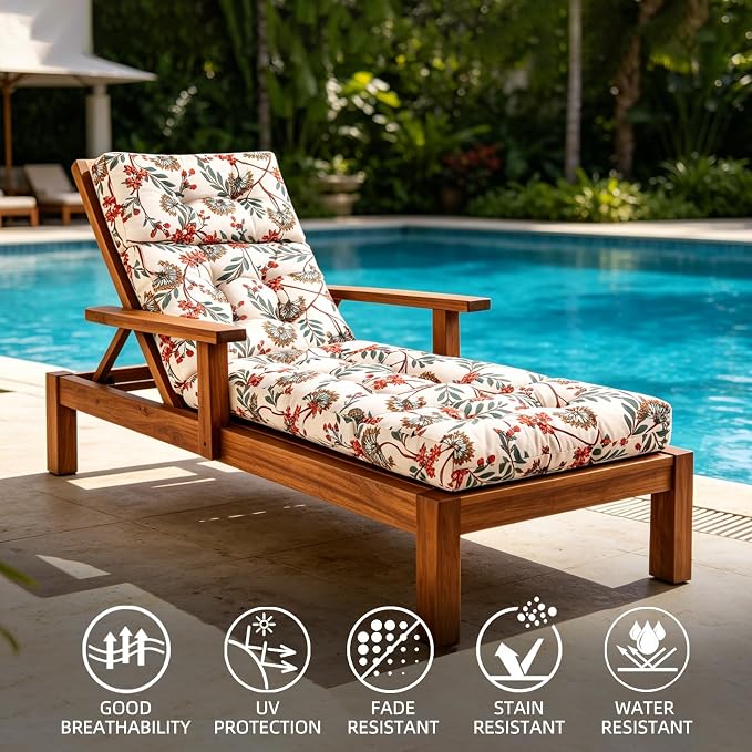 Patio Chaise Lounge Cushions, 70.5"x21"x4" Waterproof Replacement Beach Pool Lawn Outdoor Lounge Chair Cushion, Non-Slip Bottom & Secure Ties for Outdoor Furniture，Flower Red, 1Count