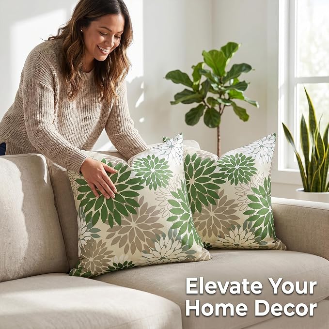 Decorative Outdoor Waterproof Throw Pillow Covers 20×20 Inch Set of 2 Green and Grey Decorative Pillow Case Dahlia Flowers Cushion Covers Spring Summer for Garden Patio Living Room