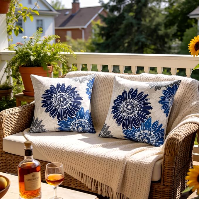 Outdoor Floral Throw Pillow Cover Blue Grey Sunflower Decorative Accent Pillows 16x16 Set of 2 Pillow Covers Waterproof Square Farmhouse Couch Pillow Covers for Living Room Sofa Patio Furniture Garden