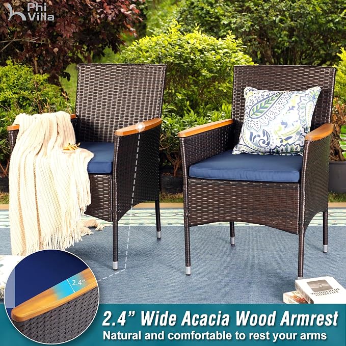 PHI VILLA 7 Piece Patio Dining Set, 60” Rectangular Table, Rattan Chairs | Outdoor Dining Set for 6, Metal Dining Table with Umbrella Hole, Wicker Chairs with Cushions for Patio, Deck, Porch
