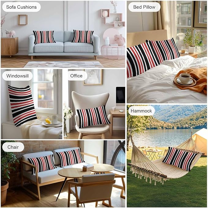 Red Black Stripe Outdoor Pillow Covers 20x12 Inch Lumbar Pillow Covers Set of 2 Waterproof Decorative Throw Pillow Cases Farmhouse Minimalist Striped Cushion Covers for Patio Furniture Garden Couch