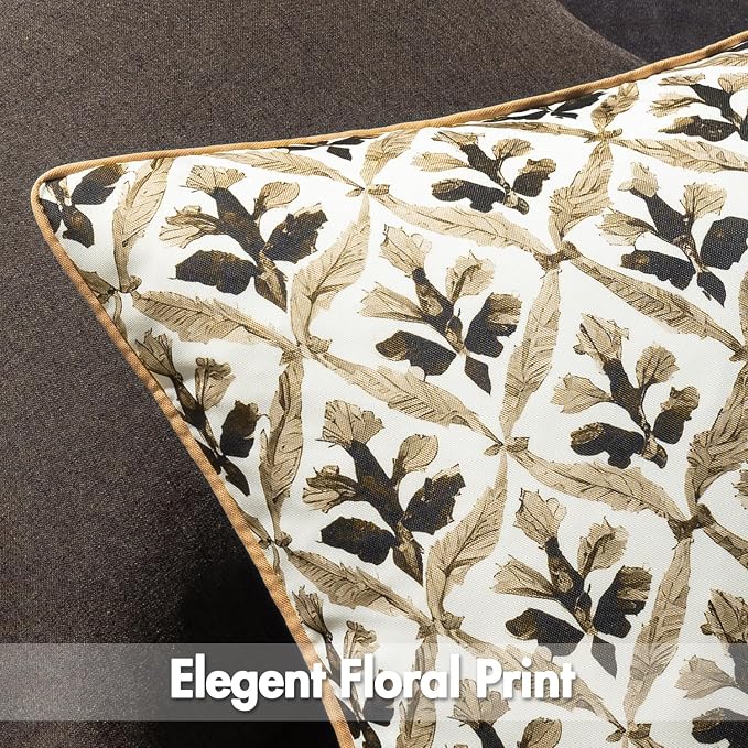 MIULEE Outdoor Floral Pillow Covers Waterproof 16x16 Coffe-Brown | Decorative Block Print,Boho Farmhouse, Set of 2 Coastal Summer Cushion Covers with Piping,Garden Patio Furniture Porch Couch