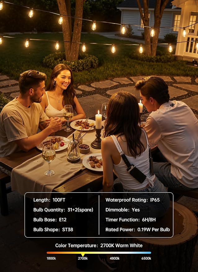 Minetom 100FT Outdoor String Lights with Remote, ST38 Patio Lights Dimmable | Waterproof LED Christmas Lights with 3 Modes, Shatterproof Connectable Outside Lights for Backyard Porch Deck Garden Decor