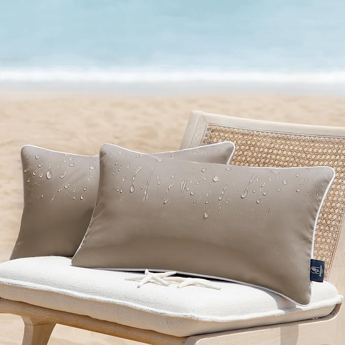 Phantoscope Pack of 2 Outdoor Waterproof Solid Throw Decorative Pillow Cover Decorative Square Outdoor Pillows Cushion Case Patio Pillows for Couch Tent, Light Coffee 12x20 inches 30x50 cm