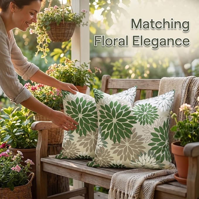 Decorative Outdoor Waterproof Throw Pillow Covers 20×20 Inch Set of 2 Green and Grey Decorative Pillow Case Dahlia Flowers Cushion Covers Spring Summer for Garden Patio Living Room
