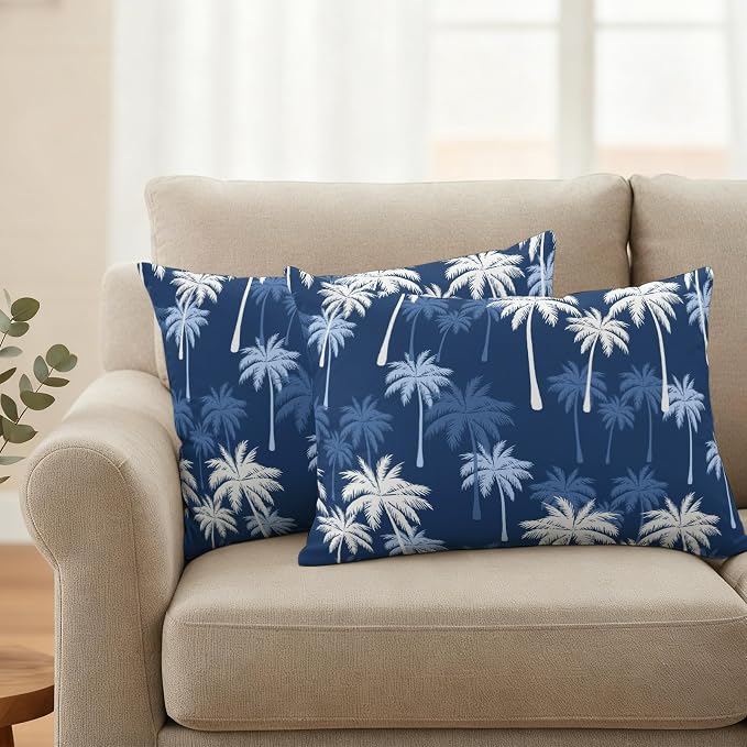 Lumbar Pillow Covers 20x12 Inch Set of 2, Tropical Palm Tree Waterproof Outdoor Pillow Covers, Navy Blue White Plants Coastal Leaf Decorative Cushion Pillowcases for Couch, Sofa, Bed, Garden, Patio