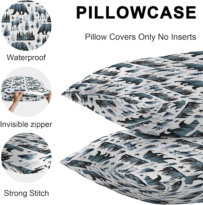 Bear Elk Cabin Outdoor Pillow Covers 24x24 Inch Throw Pillow Covers Set of 2 Waterproof Decorative Pillow Cases Farmhousee Pine Tree Forest Blue Cushion Covers for Patio Furniture Garden Couch Sofa