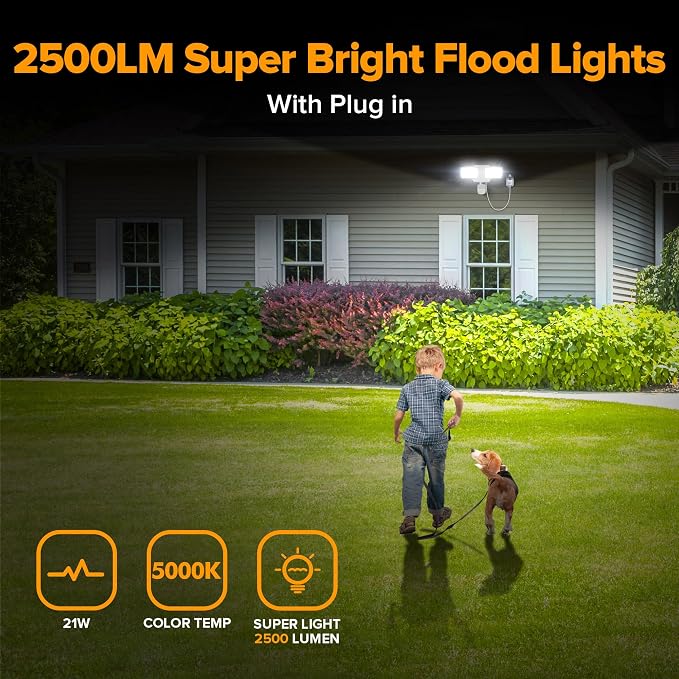 LUTEC 21W 2 Pack Plug in Motion Sensor Light Outdoor, Flood Lights Outdoor Motion Sensor,2500LM, 5000K Daylight,IP65 Waterproof,Adjustable 2 Heads Wall Light for Garage, Porch, Yard - White