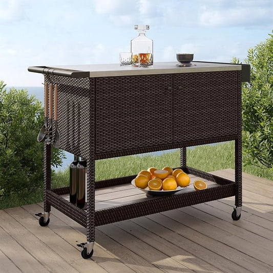 Grand patio Outdoor Bar Cart, Wicker Bar Table with Stainless Steel Countertop, Patio Kitchen Island Grill Cart with Storage Cabinet and 4 Hooks