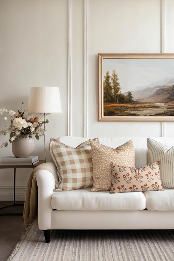 Modern Farmhouse California Casual Indoor Outdoor Throw Pillow Cover, 22"x22" Water Repellent for Patio, Backyard, Couch, Poolside, Ivory Cream Tan Print Botanical Flowers and Leaves