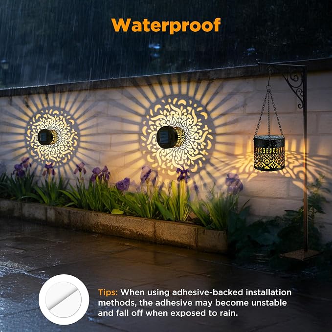 2 Pack Solar Fence Lights Outdoor, Metal Solar Powered Wall Deck Step Light | Mandala Theme, Hanging LED Waterproof Decorative Lighting for Garden Patio Backyard Post Decor, Warm White