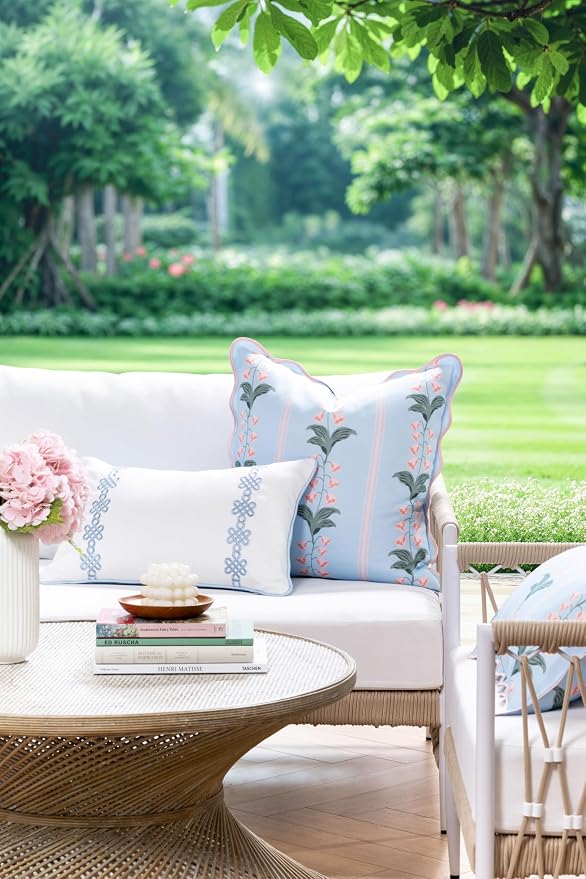 Hofdeco Premium Grandmillennial Patio Indoor Outdoor Lumbar Pillow Cover Only, 12"x20" Water Repellent for Backyard, Couch, Poolside, Baby Blue Embroidered Chinoise Lucky Knots