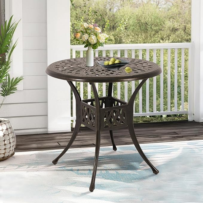 Patio Dining Table,Cast Aluminum Patio Table with Umbrella Hole, Outdoor Bistro Table for Backyard, Garden, Patio