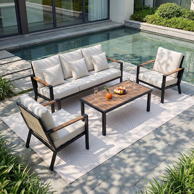 NATURAL EXPRESSIONS 4 Piece Patio Furniture Set, Outdoor Sectional Conversation Set with Handwoven Wicker Back & Fauxwood Tabletop, 3" Wide Arm with 6" Cushion, Metal Outdoor Couch for Porch, Yard