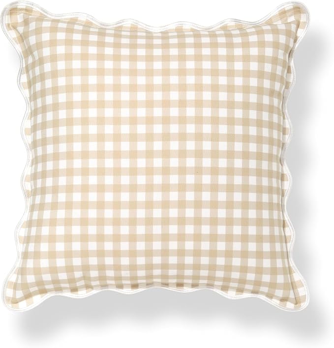 Hofdeco Premium Coastal Hampton Scalloped Patio Indoor Outdoor Throw Pillow Cover Only, 20"x20" Water Repellent for Backyard, Couch, Poolside, Neutral Tan Print Gingham
