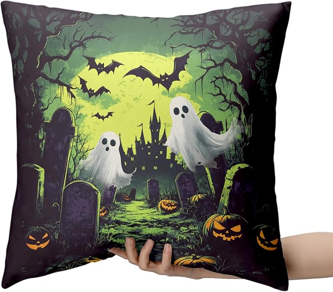 2 Pack Halloween Pillow Covers 18x18 Graveyard Ghost Throw Pillow Covers Horror Spooky Green Full Moon Night Pillow Case Bat Pumpkin Cushion Case for Holiday Party Decor Couch Sofa