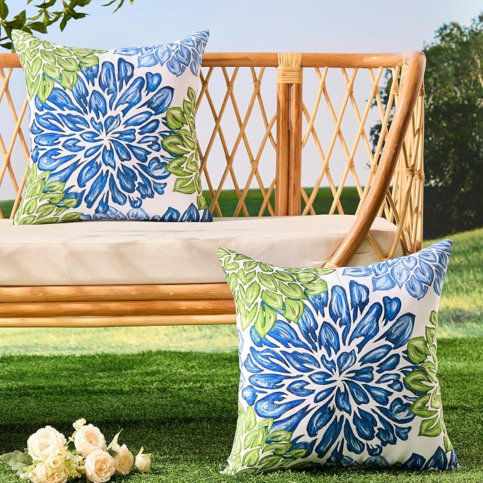 Allorry Outdoor Pillow Covers 20x20 Set of 2 Vintage Blue Green Flower Pattern Decoration Throw Pillow Covers for Spring Summer Outdoor Waterproof Garden Patio Sofa Bedroom Home Decor JB012-C20