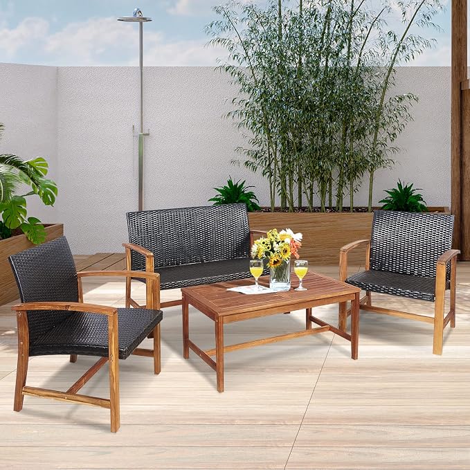HAPPYGRILL 4 Pieces Patio Furniture Set Outdoor Patio Conversation Set with Coffee Table Loveseat Armchairs, Solid Acacia Wood, PE Wicker Surface, Modern Chat Set for Deck Poolside and Backyard