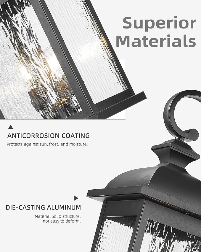 FEMILA 26" Outdoor Wall Light, Large Exterior Wall Lantern with Water Ripple Glass, 3-Light Outdoor Wall Light Fixtures for Entryway, Patio, Garage, Doorway, E12 Base, 4FD54B-L BK
