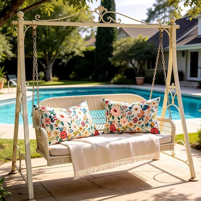 Decorative Outdoor Lumbar Pillow Covers Floral Waterproof Throw Pillow Covers Green Accent Couch Covers Garden Farmhouse Cushion Cases 12x20 Inch Set of 2 for Summer Patio Tent Balcony Furniture Sofa