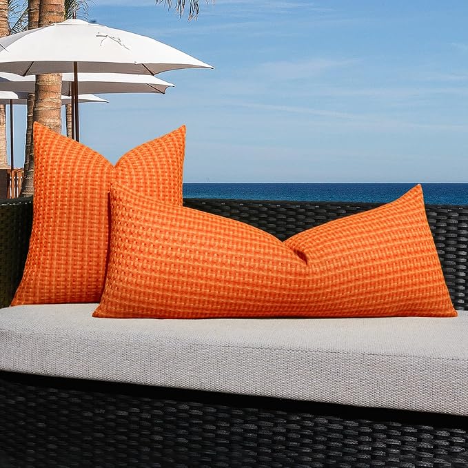Kevin Textile Outdoor Waterproof 14"x36" Pillow Cover 1 Pack, Orange | Water Resistant Weaving Faux Linen Texture Throw Pillow Covers, Outside Decorative Pillowcases for Garden Patio Balcony Couch