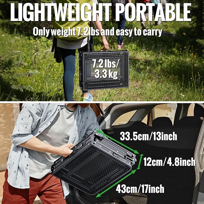 GARLLEN Folding Grill Table Max Capacity 66lbs, 3 Adjustable Height Portable Folding Camping Table with Heat-Resistant Mesh Tabletop, Aluminum Picnic Table for Outdoor, BBQ, Camping, 34.2"L x 15.7"W