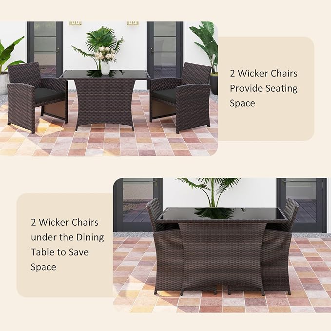 HAPPYGRILL 3 Pieces Patio Wicker Dining Set, Balcony Furniture Set w/Tempered Glass Dining Table, 2 Chairs, Comfy Cushions, Space-Saving Dining Set for Small Spaces, Perfect for Garden, Backyard