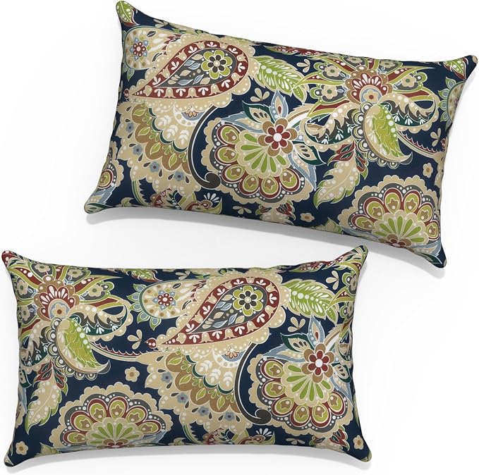 12x20 Inch Lumbae Pillow Covers, Rectangle Waterproof Throw Covers Set of 2, Decorative Patio Furniture Cushion Cases for Porch Garden, Paisley Sapphire Blue