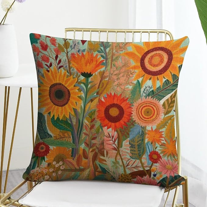 Throw Pillows Colorful Painting of Sunflowers Poppies Cushion Case 16"x16" Beautiful Flower Pattern Linen Cushion Case Decoration for Sofa Couch Decorative Cutton Linen Cushion Cases