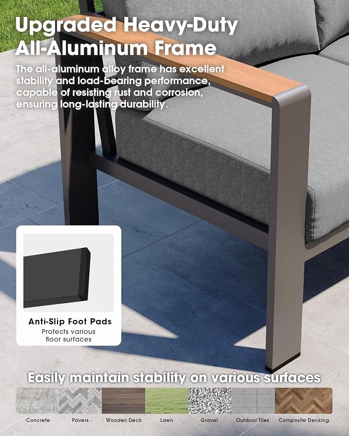 Aluminum Outdoor Patio Furniture Set, 8 Seats Patio Conversation Sets, Oversized Outdoor Sectional with Washable Thick Cushions & Coffee Table for Backyard, Garden and Poolside, Gray