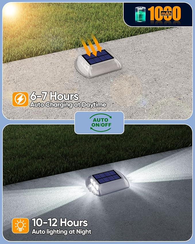 DetarZinLED Solar Driveway Lights Outdoor IP68 Waterproof Led 4 Pack White | Sturdy PC Shell, Stick on & Screw Mount, Markers Light for Outside Deck, Driveway, Step, Walkway, Patio, Pathway, Stair, pool