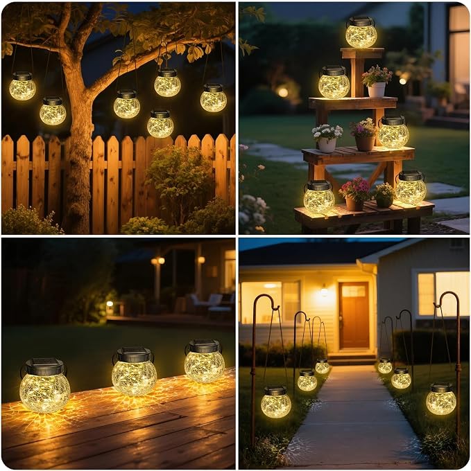 Kolpop 4 Pack Hanging Solar Lights for Outside, Cracked Glass Solar Lanterns Lights Outdoor Waterproof ,30 LED Hanging Globes Lights for Christmas Decoration, Shepherd Hook, Warm White