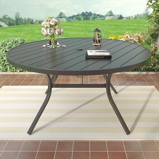 Patio Dining Table for 6,Steel Slatted Round Outdoor Table with Adjustable Umbrella Hole,58",Black