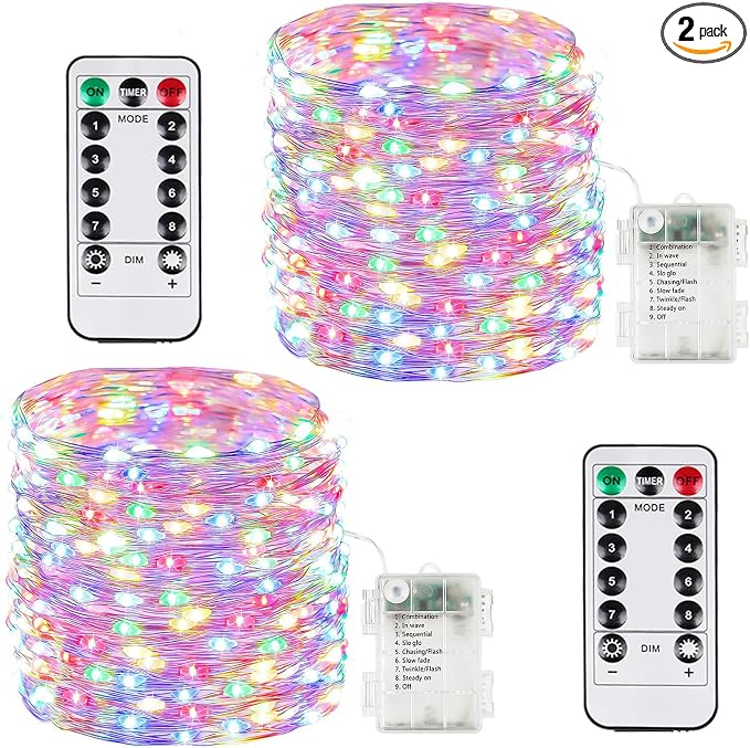 2 Pack 100 LED Fairy Lights Battery Operated with Remote, 33 FT Multicolor | Cuttable, 8 Modes, Memory, Dimmable, Waterproof Battery String Lights with Timer for Indoor Outdoor, Christmas Decorations