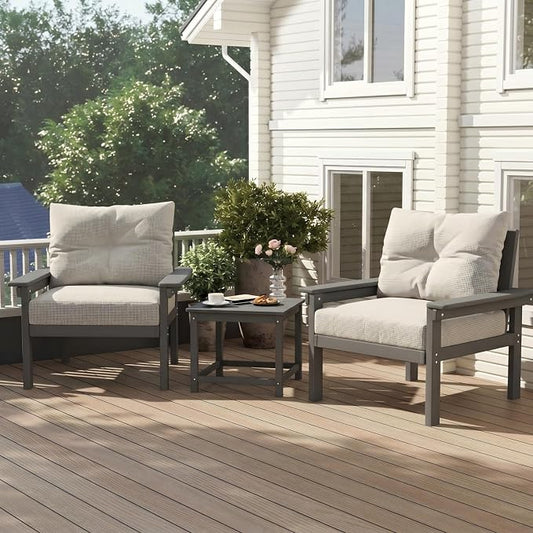 3 Piece HDPE Outdoor Patio Furniture Set, All-Weather 2 Armchairs with Side Table, Patio Conversation Set with Beige Washable Thick Cushion for Balcony, Porch (Grey Frame)