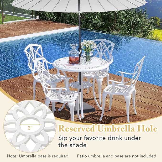 Tangkula 31.5” Cast Aluminum Patio Dining Table, Round Outdoor Bistro Table with 2” Umbrella Hole, Outdoor Side Table for Backyard, Lawn, Deck and Garden, White