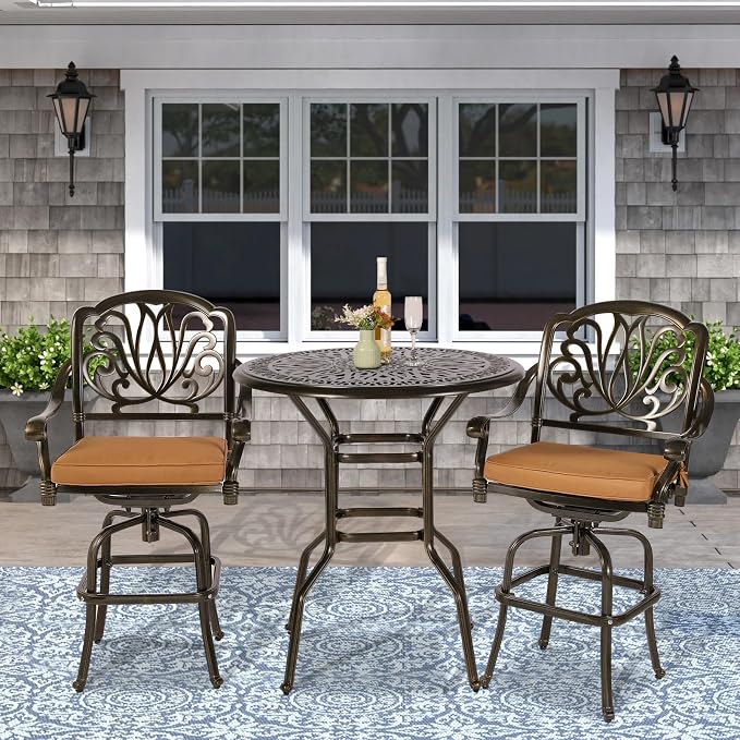 VIVIJASON 35.4" Patio Height Bar Table, All-Weather Cast Aluminum Bar Bistro Table Outdoor Patio Round Dining Table with Umbrella Hole for Balcony, Lawn, Garden, Backyard, Antique Bronze